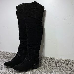 Black Studded Over The Knee Boots Faux Suede S:10